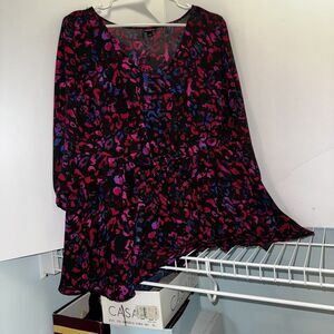 Torrid 1 Black Pink Georgette Tie-Front Blouse 3/4 Sleeve V-Neck Woman's